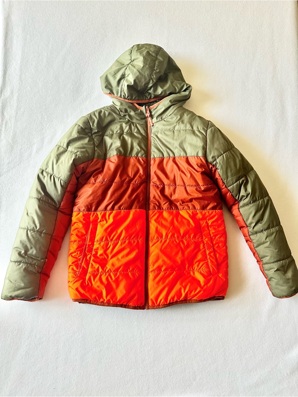 Cat & Jack Boys Reversible Puffer Jacket Large Olive Green Orange Color Block